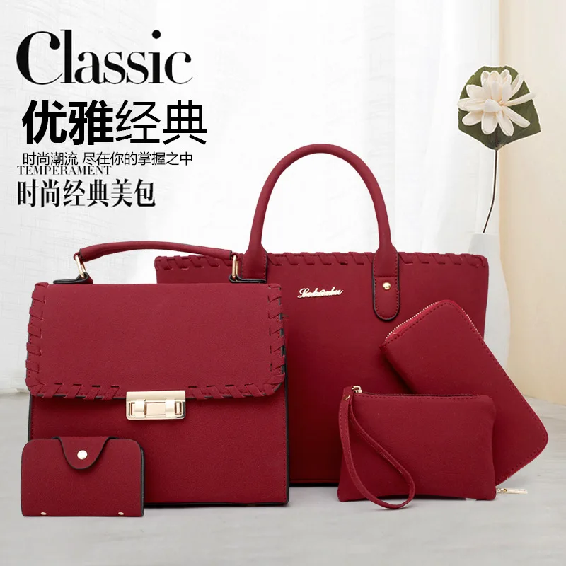 

Bag Women's 2018 Spring New Style Simple Dull Polish Weaving Shoulder Handbag Versatile Different Size Bags Five Pieces Set