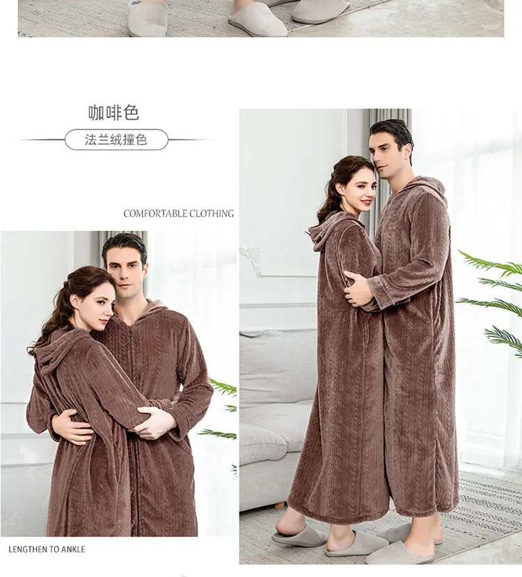 Удлиненные плюс Размеры на зиму, теплые, фланелевые банные халаты Для женщин Для мужчин с капюшоном и застежкой-молнией банный халат пара утолщаются теплый халат платье одежда для сна