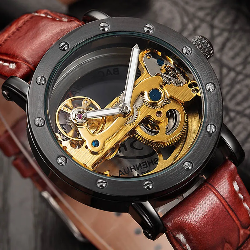 

Skeleton Watch Men's Bridge Analog Display Mechanical Watch Automatic Self Wind Male Clock Leather Strap Relogio Masculino 2019
