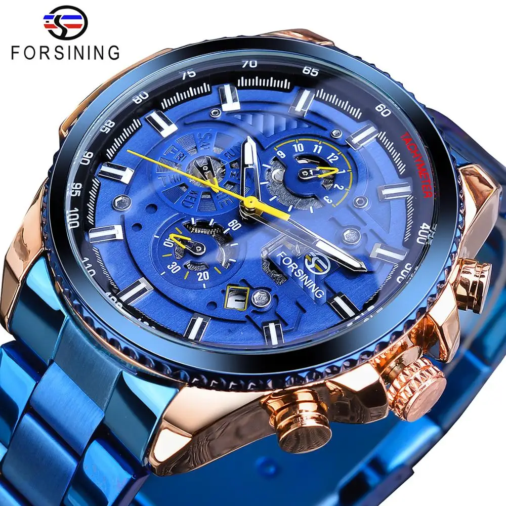 Forsining Rose Golden Case Blue Stainless Steel Mens Business Sport Mechanical Automatic Wrist Watch Three Dialy Multifunction