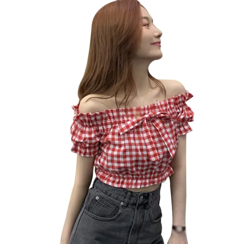 

Women's Blouses Fresh Plaid Slash Neck Sweet Sexy Exposed Navel Short Sleeve Shirts Tops