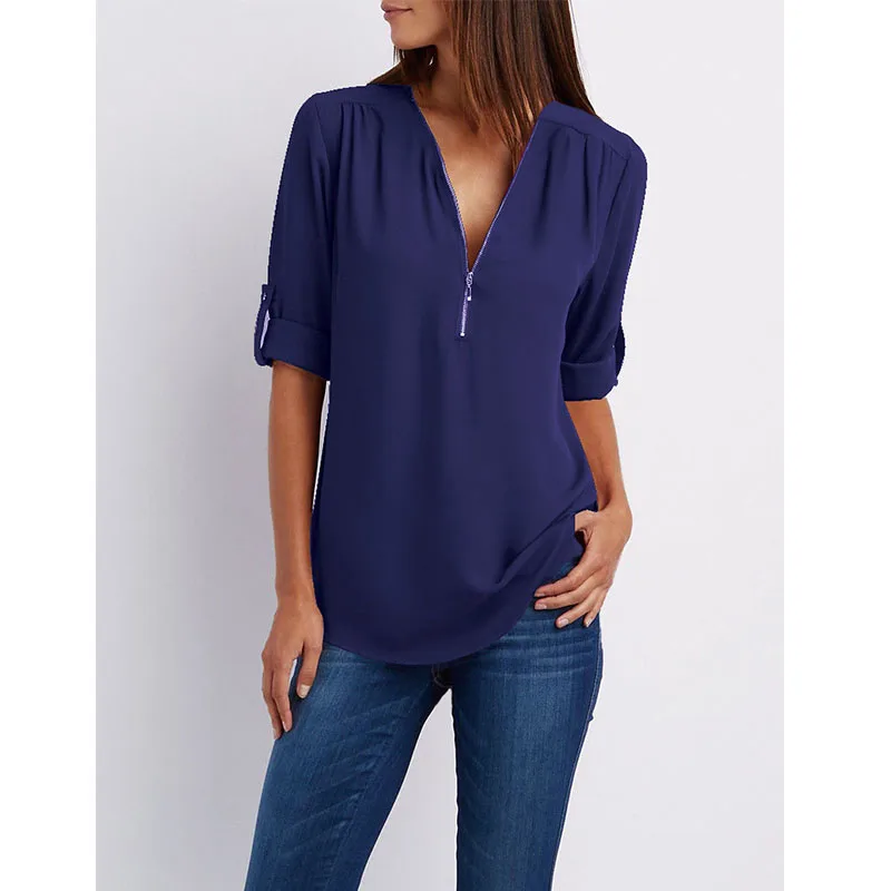 CINESSD Sexy V Neck Women Chiffon Blouses Solid Zipper Up Long Sleeves Cuffed Casual Loose Office Ladies Plus Size Tops Blouses