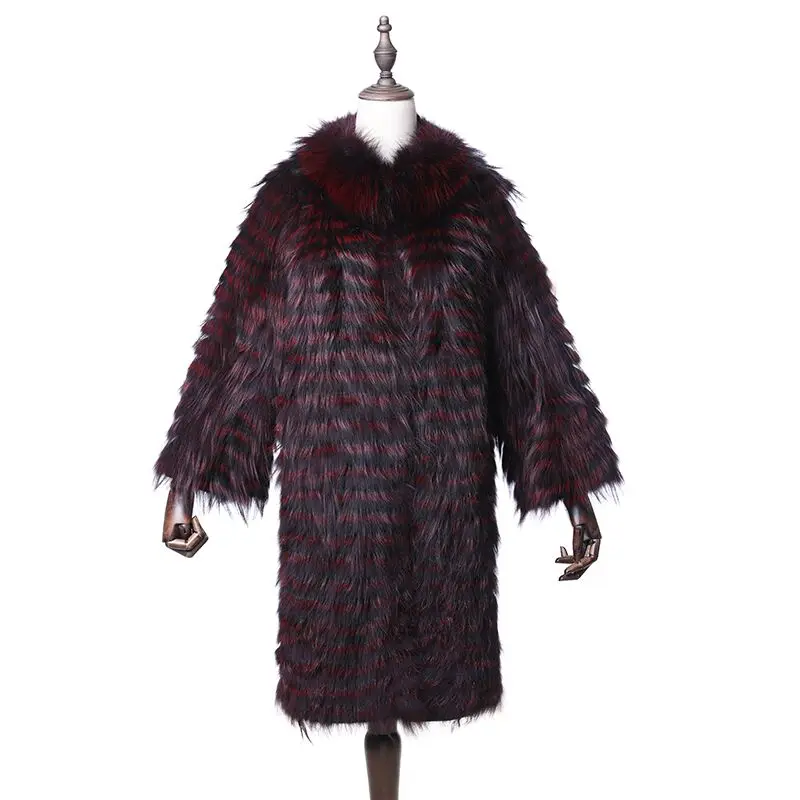 Натуральный серый шуба из меха серебристой лисы, длинное модное пальто в английском стиле, зимнее толстое теплое серое пальто в полоску из натуральной кожи лисы для женщин - Цвет: hong