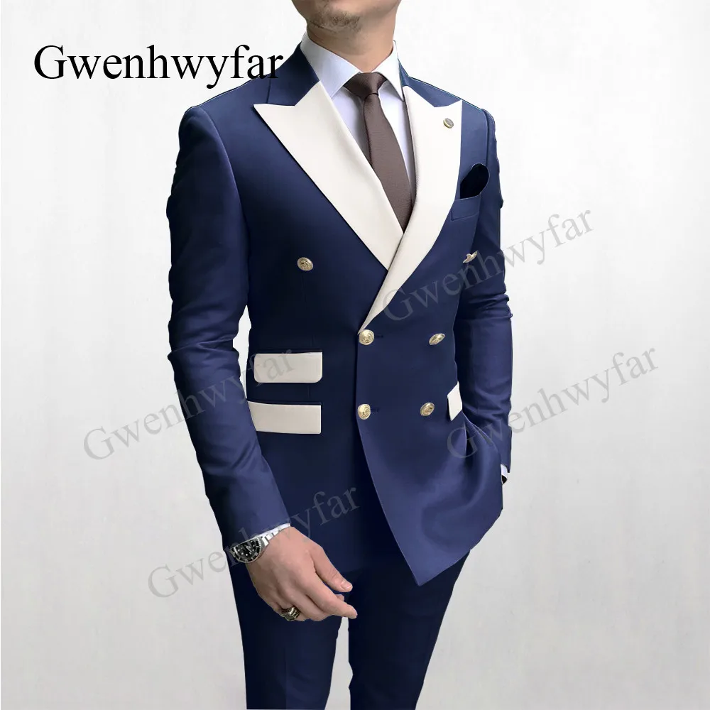 Gwenhwyfar Solid Navy Men Party Tuxedos Suits 2 Pieces Latest Mix Color White Lapel Men Suits Gold Buttons Fashion Style