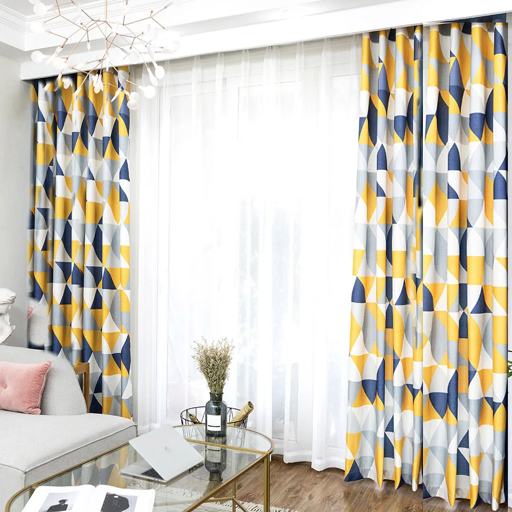 Colorful Yellow Triangles Printed Theme Blackout Curtains for Bedroom Nordic Modern Cotton Linen Window Living room Drapes #25