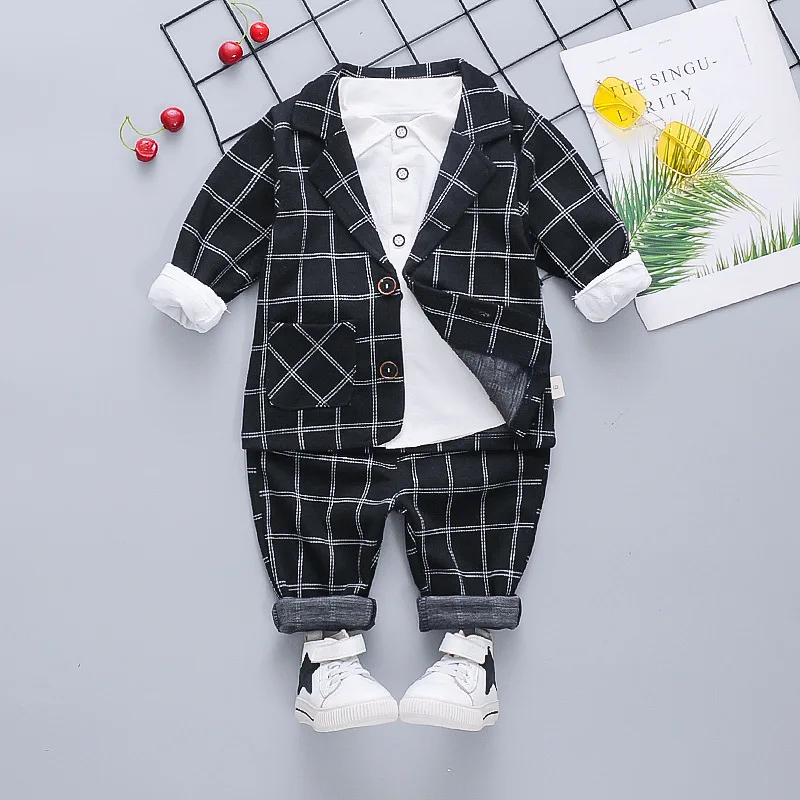 

Spring New Style BOY'S Children Baby Suit Three-piece Set Long Sleeve Plaid Turn-down Collar Coat Trousers CHILDREN'S Suit