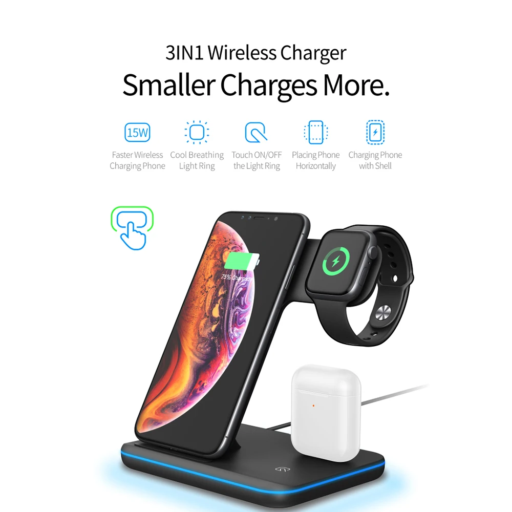 

1pcs 3 in 1 Phone Charging Dock 15W 12V/2A Fast Wireless Charging Stand Holder Dock Station for iPhones/iWatch/Airpods Pro