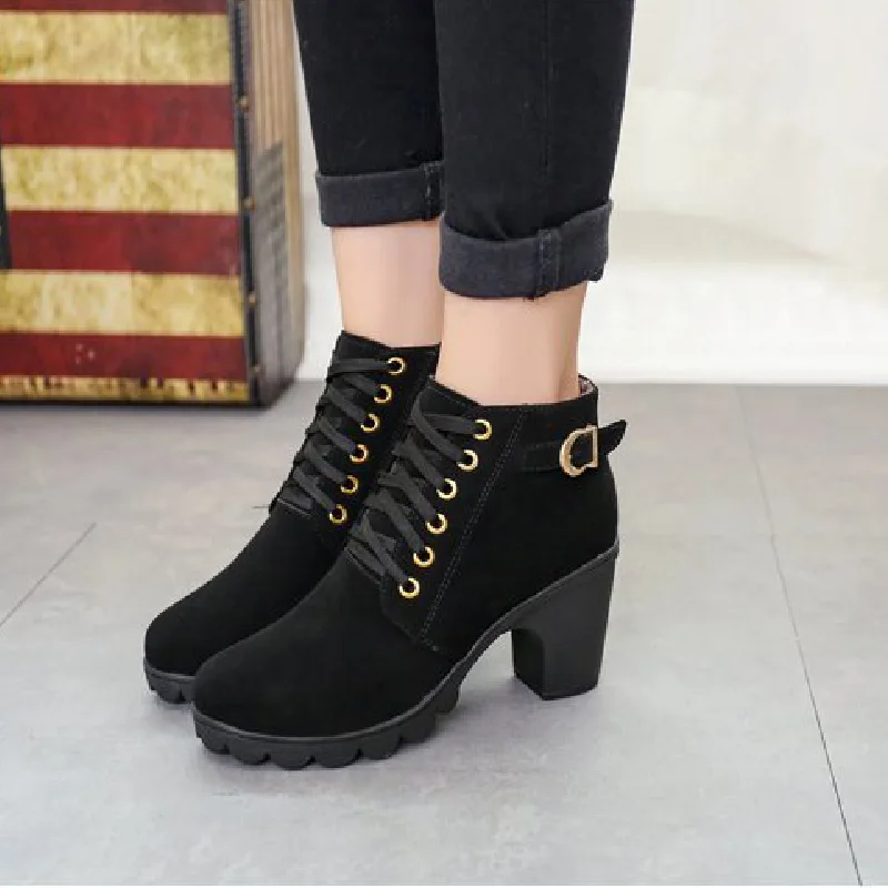 2020 New Women's High Heels Boots Suede Shoes Woman Round Head Solid Color Lace up Fashion Women's Winter Boots35-41 Botas Mujer