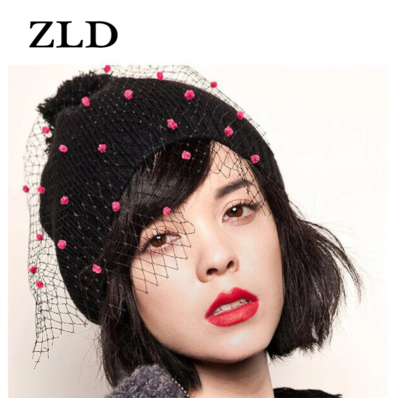 ZLD зимняя новая модная шапка chapeau femme женская вуаль вязаная шляпа теплая шерстяная