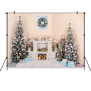 

Neoback Christmas Backdrop Indoor Fireplace Wood Photographic Background Christmas Tree Decoration Background for Photo Studio