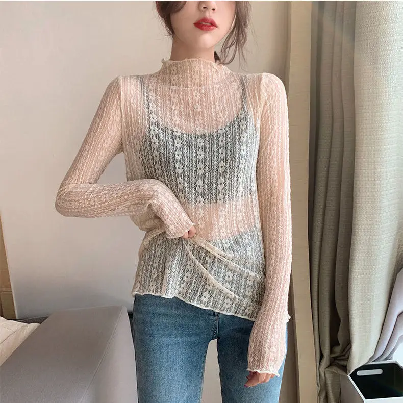 plus size blouses 2020 Autumn women Long Sleeve Turtleneck Lace Shirt Sexy Blouse lady Slim Blouse Perspective Mesh female Shirts Tops ladies shirts