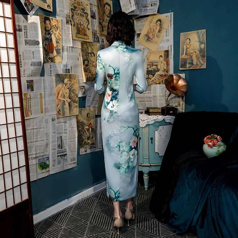 Sheng Coco старинная Китайская одежда Qipao синее платье Чонсам с длинным рукавом Стенд свинцовые Женские Длинные повседневные платья шелк плюс размер 4XL 3XL