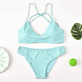 

Wasteheart Summer Blue Red Halter Sexy Bikini Sets Women Swimsuit Bikini Halter Swimwear Low Waist Bathing Suit Female Striped