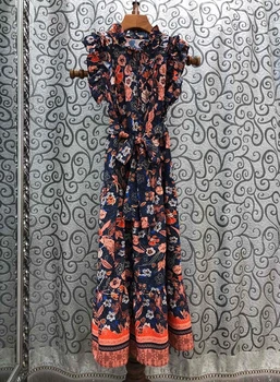 

2020 Spring and Summer New Women's Wooden Ear Stitching Leader Mouth Lace-up Waist Hugging Decorative Floral Printed Dress 408