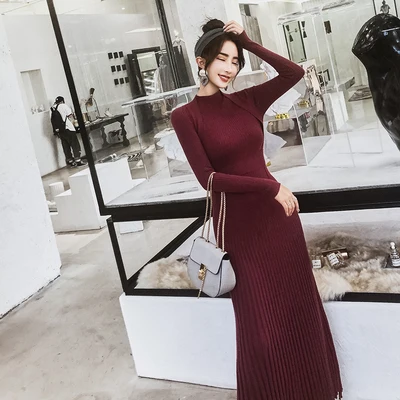Women Slim Long Maxi Knitting Sweater Dress Autumn Winter Full Sleeve Pleated A-line Dress Big Swing Ladies Pullover Dresses