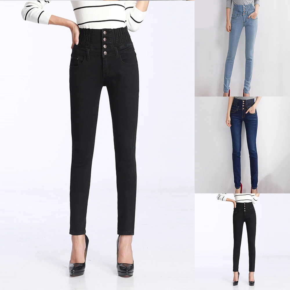 Женские зимние теплые джинсы на каждый день с высокой талией, обтягивающие штаны с флисовой подкладкой, брюки-карандаш с эластичной резинкой на талии и пуговицами, брюки размера плюс, женские джинсы