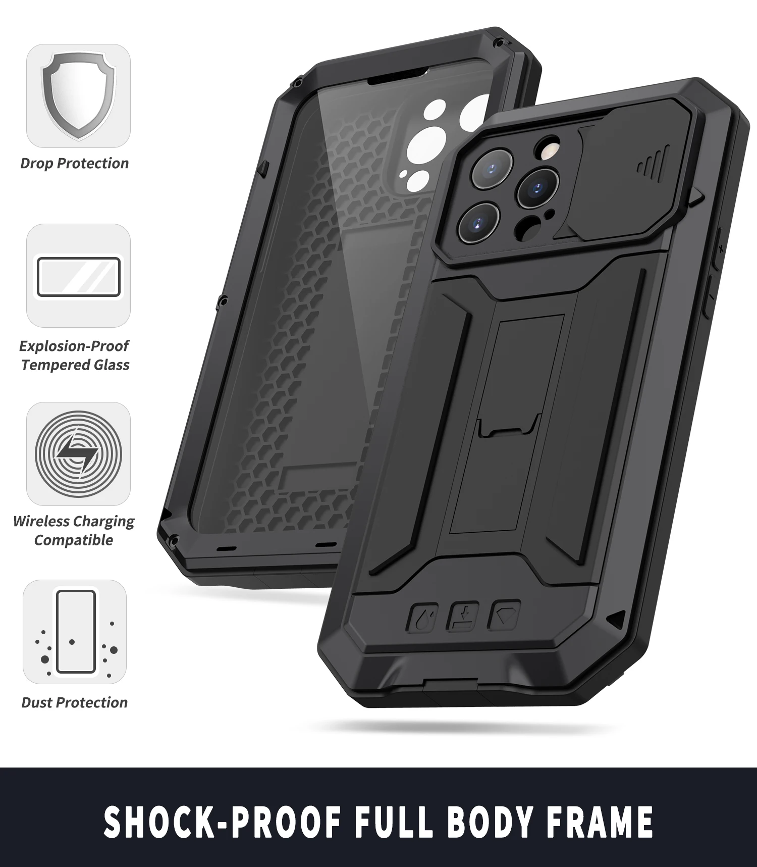 Heavy Duty Metal Armour Case For iPhone 13 With Built Camera Protection and Kick Stand