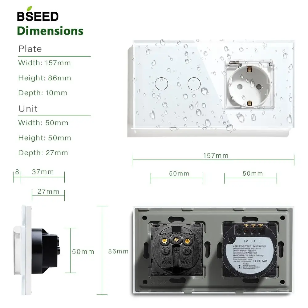 BSEED 2gy1 Way 2 Way сенсорный выключатель с новым водонепроницаемым стандартом ЕС черный белый золотой настенный светильник Переключатель ЕС розетка переключатель