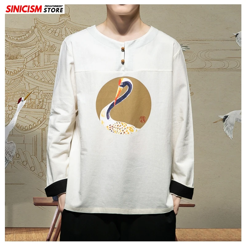 Sinicism Store 2020 Мужская футболка в китайском стиле с длинным рукавом и круглым