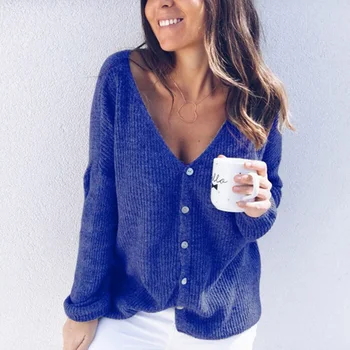 

Casual Autumn Button Daily Fashion Solid V Neck Soft Party Winter Women Knit Sweater Spring Loose Long Sleeve