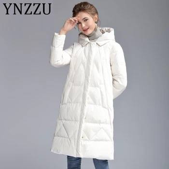 

YNZZU Pink Blue Yellow Solid 2019 Autumn Winter Duck Down Coat Women Mid-Long Hooded Warm Female Jacket Casual Outwear A1341