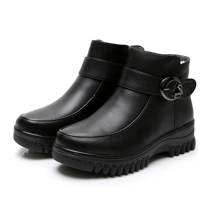 New Women Genuine Leather Boots High Heels Platform Ankle Boots Ladies Buckle Shoes Woman Warm Waterproof Round Top Shoe g675