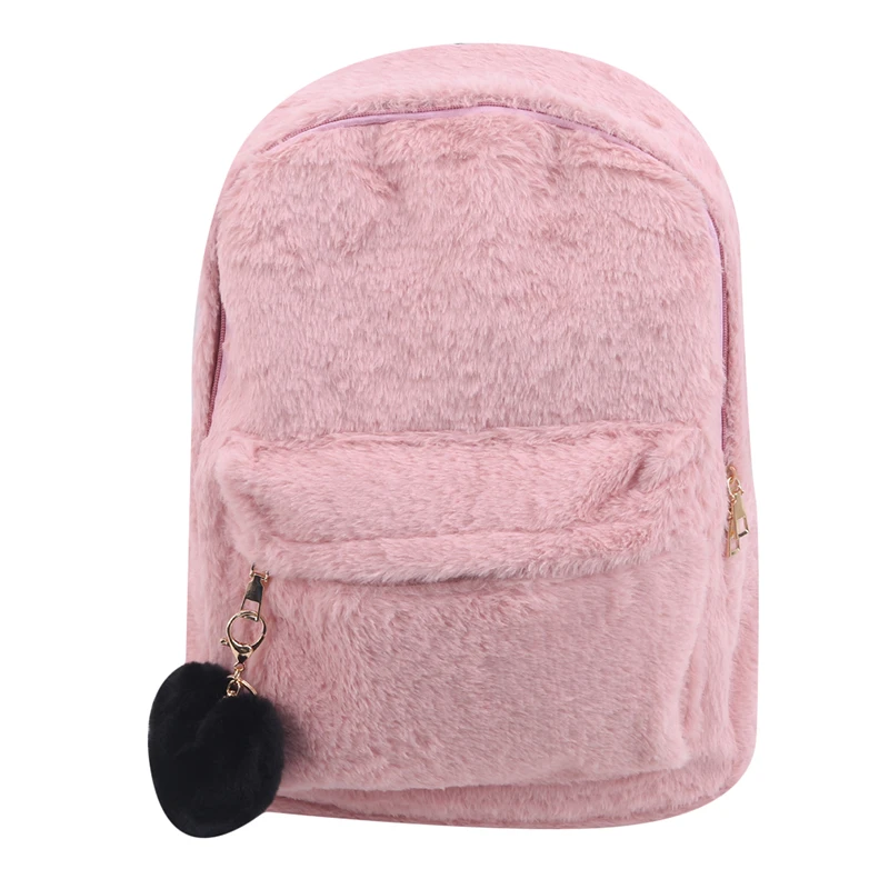 Mochila de piel sintética con colgante de corazón para mujer, morral grande de felpa suave en color rosa, negro y blanco