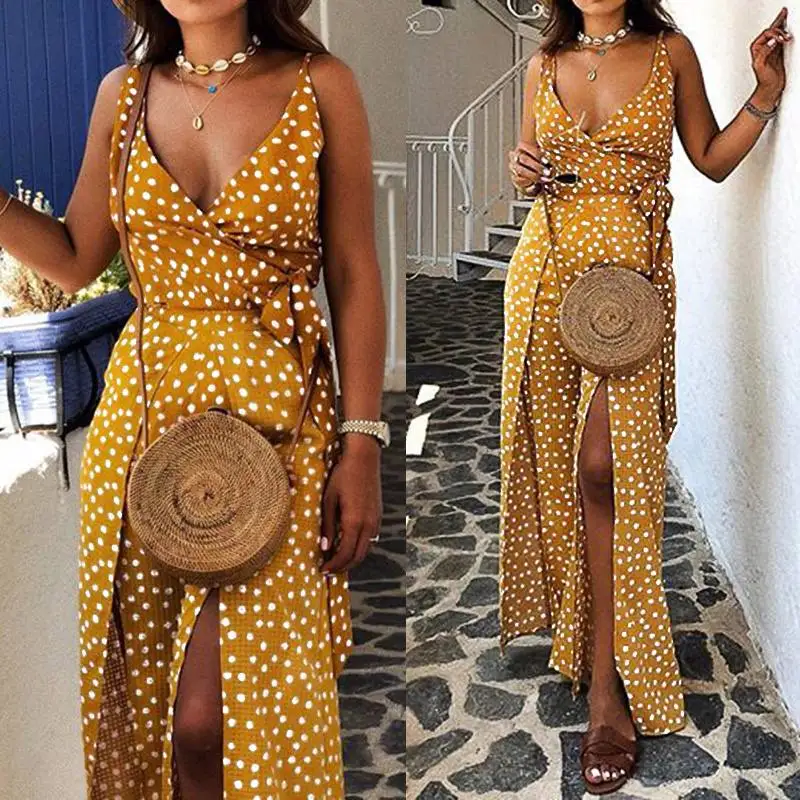 Sexy Sleeveless Summer Jumpsuits Celmia Women Elegant Suspender Casual V-neck Dot Printed High Slit Wide Leg Pants Party Overall