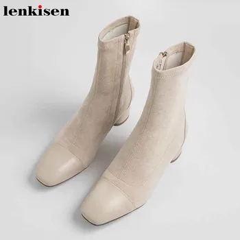 

Lenkisen elegant beauty lady soft breathable flock stretch boots solid winter keep warm daily wear side zip mid-calf boots L19