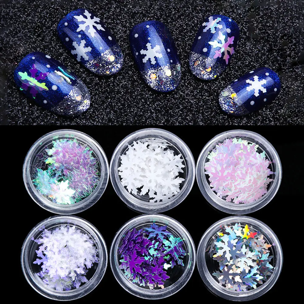 6 Boxes Glitter Colorful Snowflakes Nail Art Decoration 3D Holographic Shiny Sequins DIY Manicure Decal for Women Girls