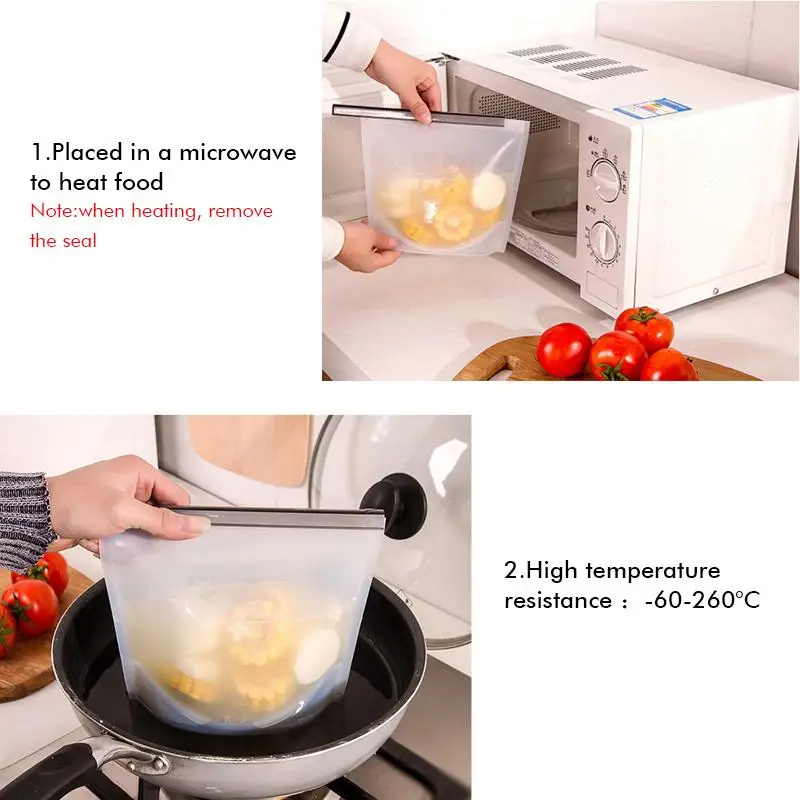 4Pcs/lot 1000ml Kitchen Food Sealing Storage Bag Reusable Refrigerator Fresh Bags Silicone Fruit Meat Ziplock Kitchen Organizer