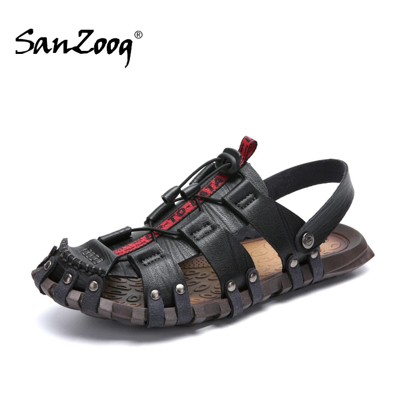 

Additional 5% off (2 pair or more) Brown Khaki Black Golden Sewing Rubber Closed Toe Men Leather Casual Sandals Large Size 38-47