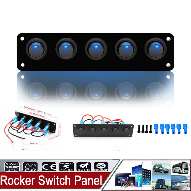 5gang Round On Off Rocker Toggle Switch Panel Red Led Light 12v For Car Boat Accessories Vehicle Parts Accessories