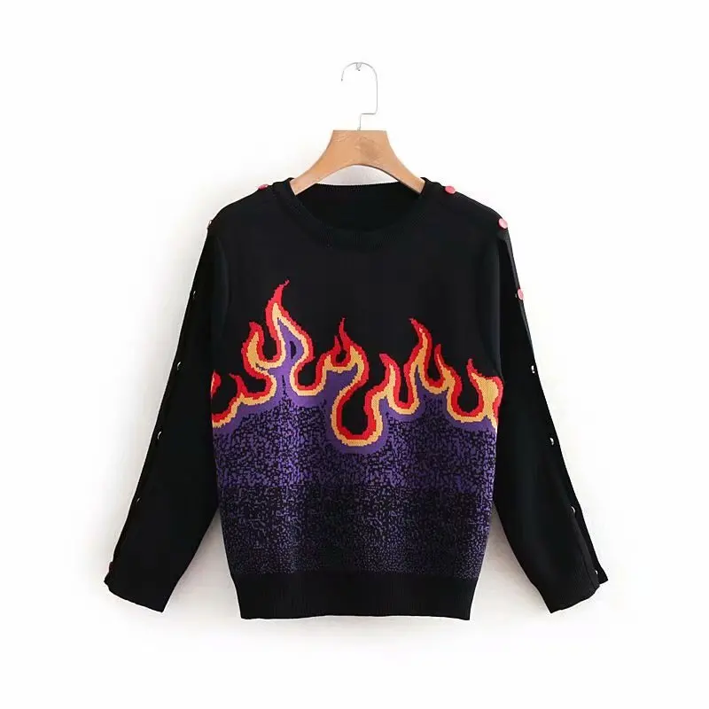

Women Clothes 2019 Autumn and Winter Clothes Women Round Flame Jacquard Print Pull Femme Pullover Women Sweater Women