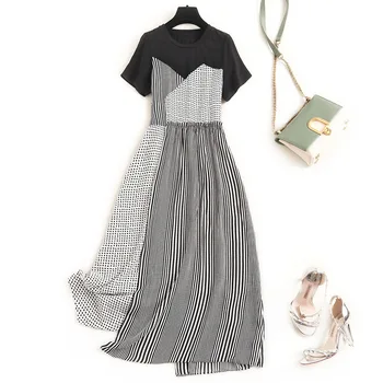 

Women black casual summer dress new 2020 short sleeve mid-calf elegant color block striped asymmetric dresses