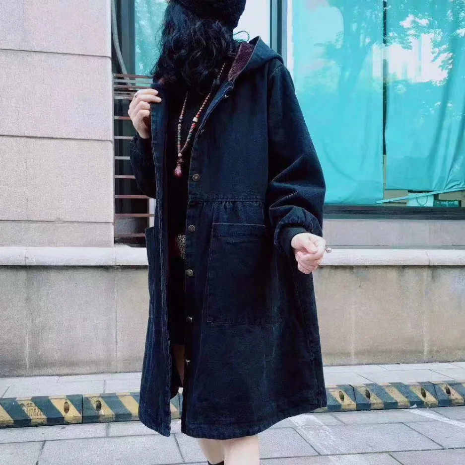 

2019 Autumn And Winter New Style Korean-style Simple Versatile Hooded Mid-length Thick Warm Jeans Coat WOMEN'S Quilted Cotton Co