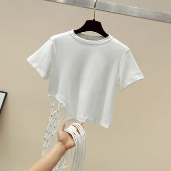 

Fashion Cotton Short Sleeve T-shirt Women's Slim-Fit 2020 Spring and Summer New Tassel Beaded White T-shirt Tees Tops Female