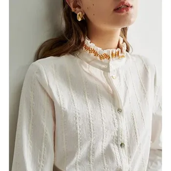 

2020 Spring New Embroidery Fungus Stand Collar Shell Button Long Sleeve Shirt Women