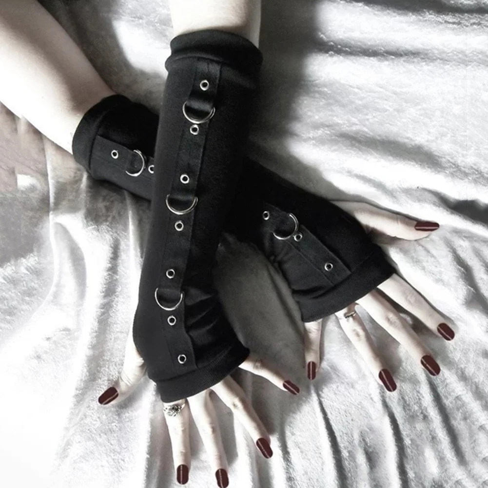 Punk Women Arm Sleeves Metal D-ring Fingerless Gloves Arm Warmer Sleeves with Thumb Hole Arm Warmers with Thumb Hole Fingerless