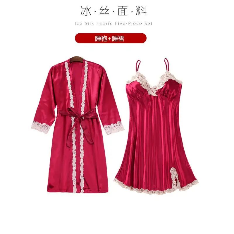 Женский Атласный халат, комплект из 5 предметов, комплект для сна, домашняя одежда для молодых девушек, интимное белье, летняя пикантная кружевная Пижама, женская одежда для сна - Цвет: 2PCS Robe red