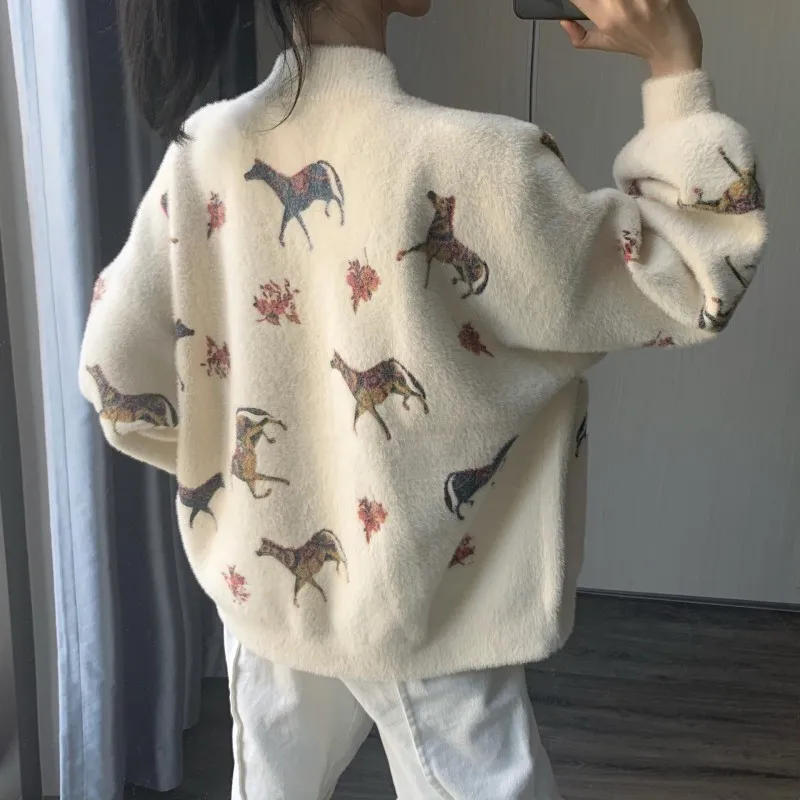 Autumn Winter Thick Single Breasted Print V-Neck