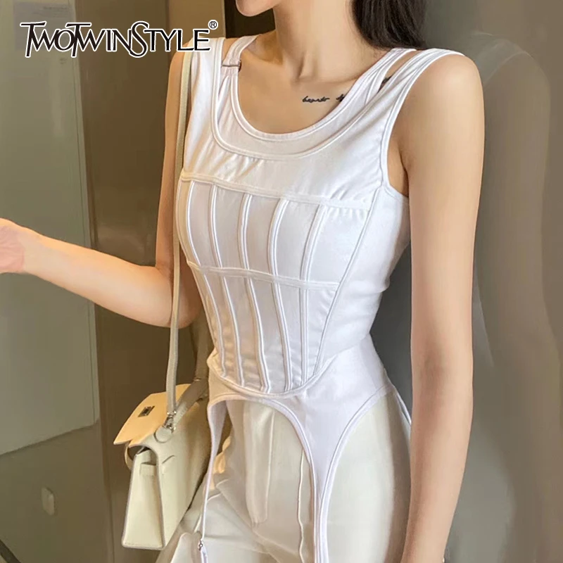 TWOTWINSTYLE Sexy Striped Women Two Piece Set O Neck Sleeveless Tunic Irregular Hem Suit For Female Clothes 2020 Summer Fashion TWOTWINSTYLE Sexy Striped Women Two Piece Set O Neck Sleeveless Tunic Irregular Hem Suit For Female Clothes 2020 Summer Fashion