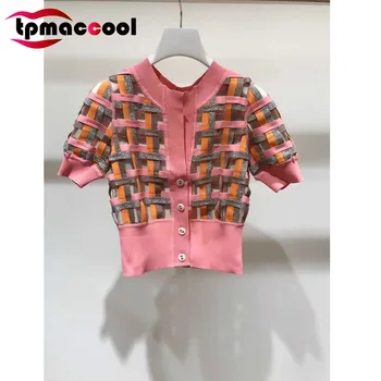 

Tpmaccool luxury designer women tops shirts 2020 New French Temperament Weave Hollow out sheer knitted crop top tshirt Female