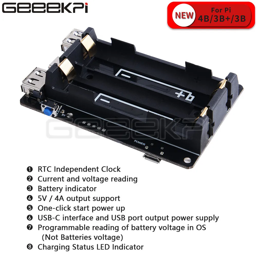 GeeekPi 18650 Новый UPS с RTC & Coulometer Pro удлиненное устройство питания двумя USB портами для