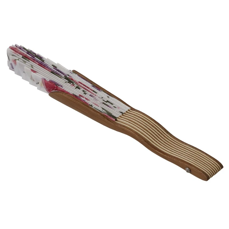 Fashion-Beige Bamboo Ribs Flower Printed Seashell Shape Folding Hand Fan White