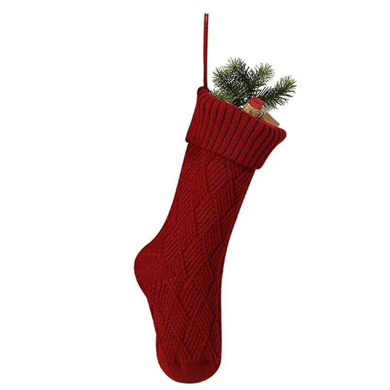 Christmas Xmas Tree Hanging Party Tree Decor Knitting Diamond Pattern Santa Stocking Sock Gift Candy Bags - Цвет: Dark Red