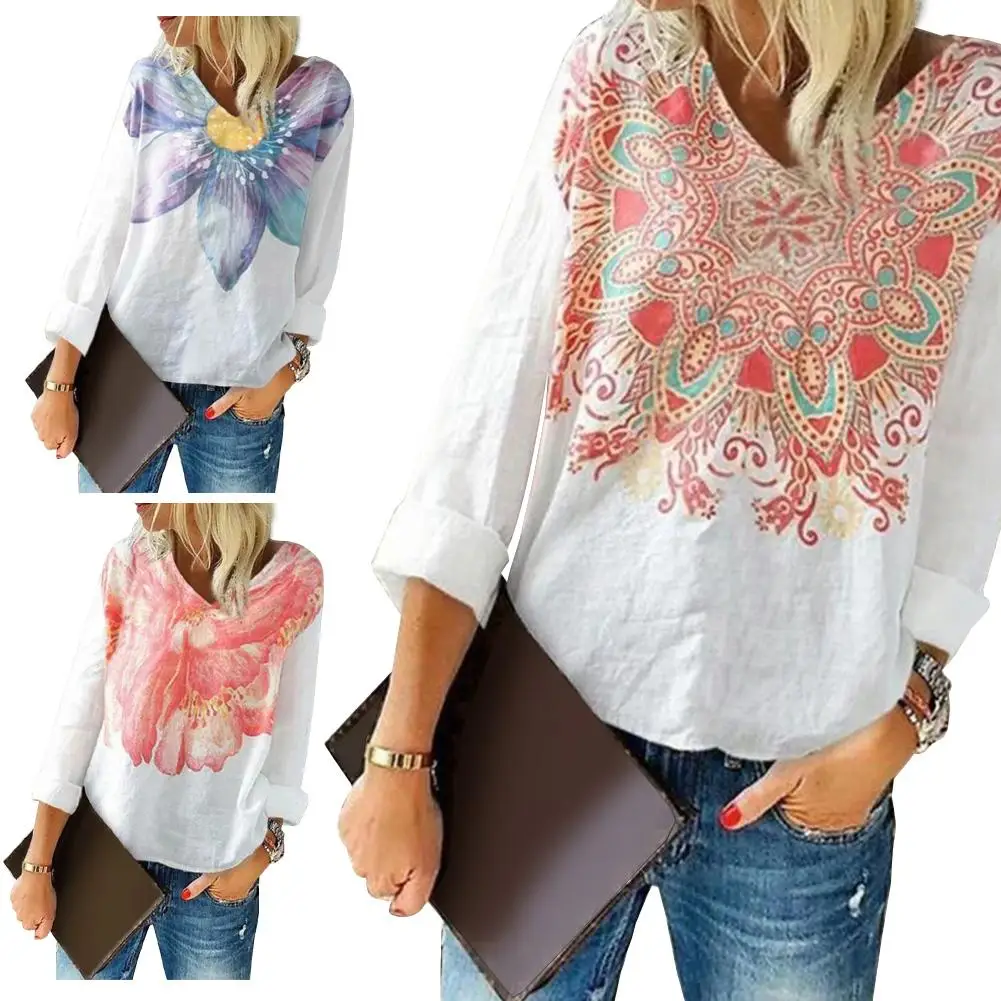 silk blouses Hot Women Shirts Stylish Full Long Sleeve V Neck Floral Print Cotton Linen Blouse Plus Size Blouse Shirt women's shirts & tops