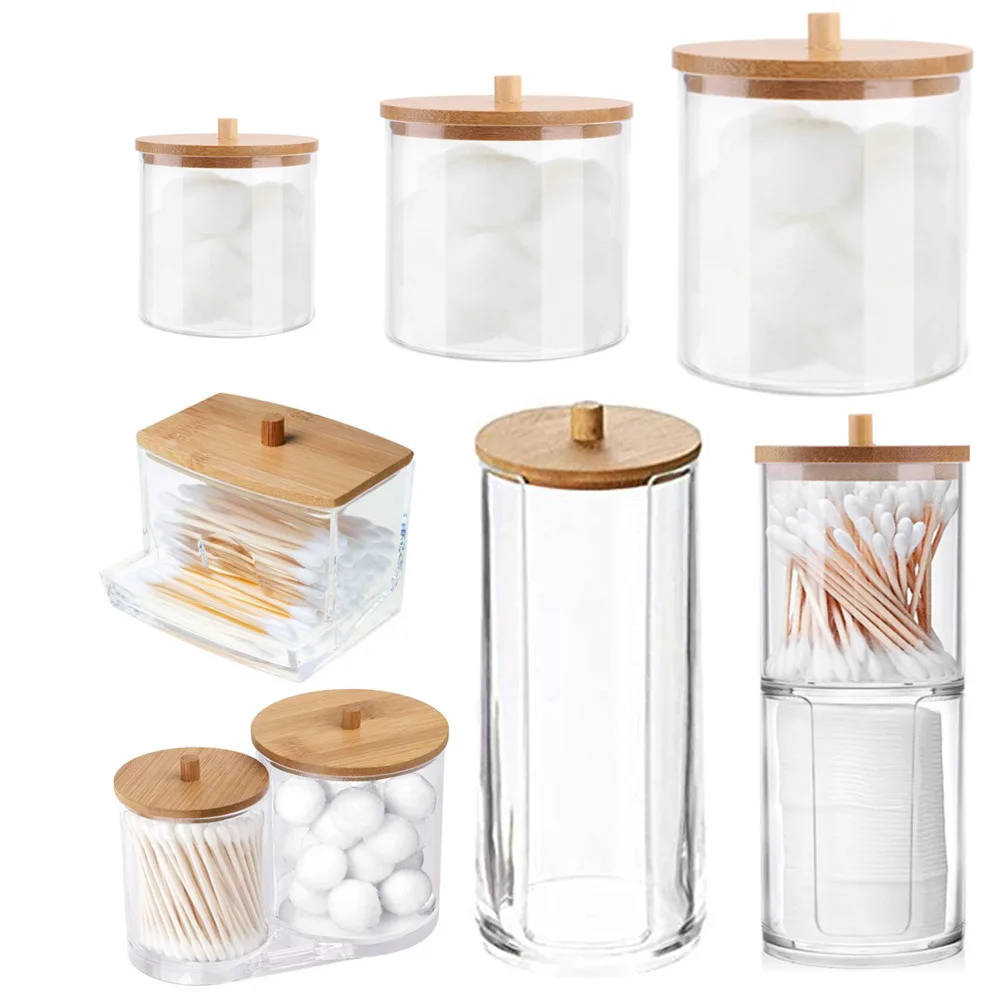 Makeup Cotton Pad Organizer Storage Box For Cotton Swabs Rod Cosmetics Jewelry Bathroom Qtip Container With Bamboo Lid