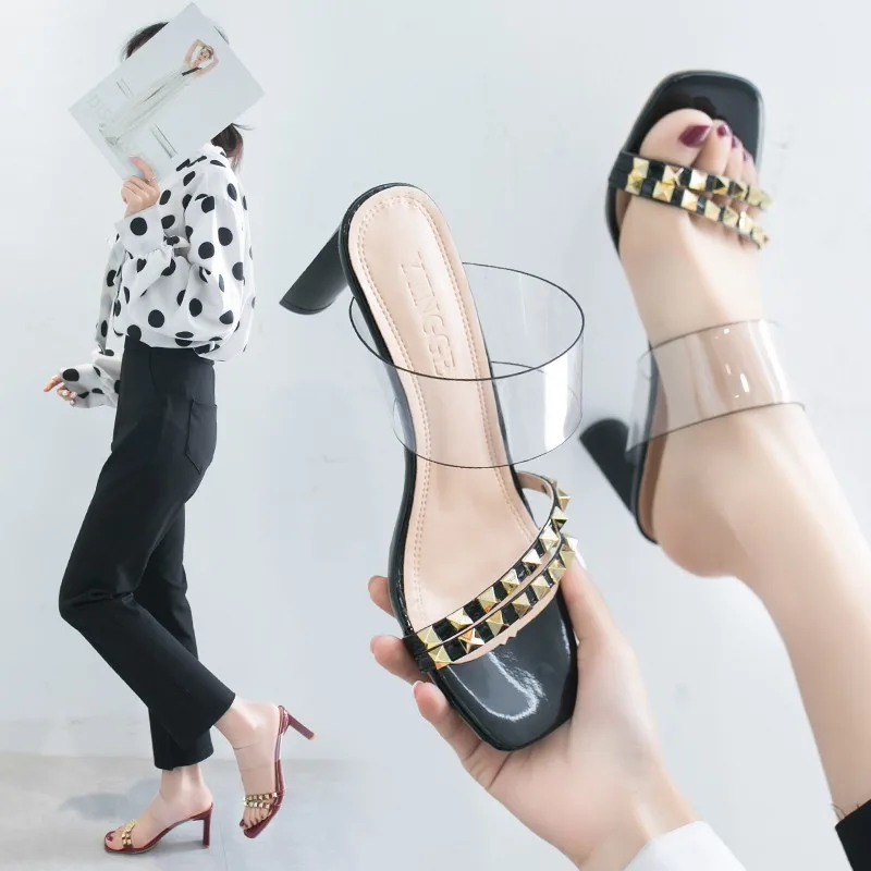 

Slipper Women's Outer Wear 2019 Summer New Style Europe And America Transparent A- line with Rivet Fashion Thin Heeled High Heel