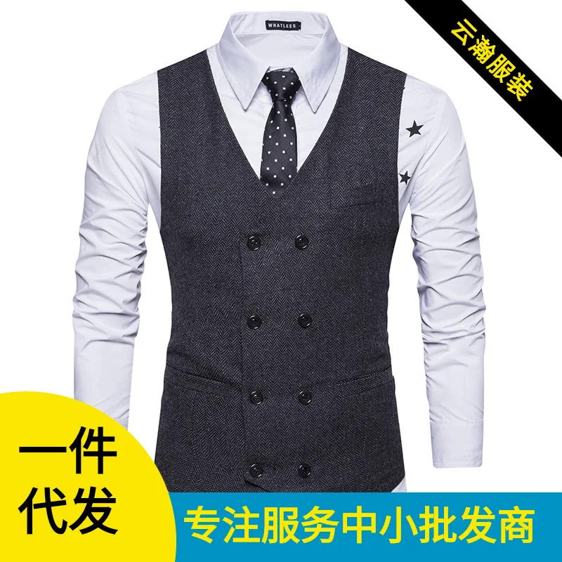 

New Style Men's Woolen Cloth Double Breasted Waistcoat Sportsman Suit Retro Vest V-neck Waistcoat Coat